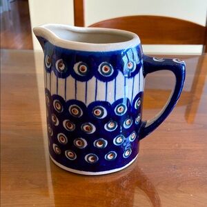 Vintage Boleslawiec Pottery Blue Peacock Pattern Pitcher/Creamer Handmade.